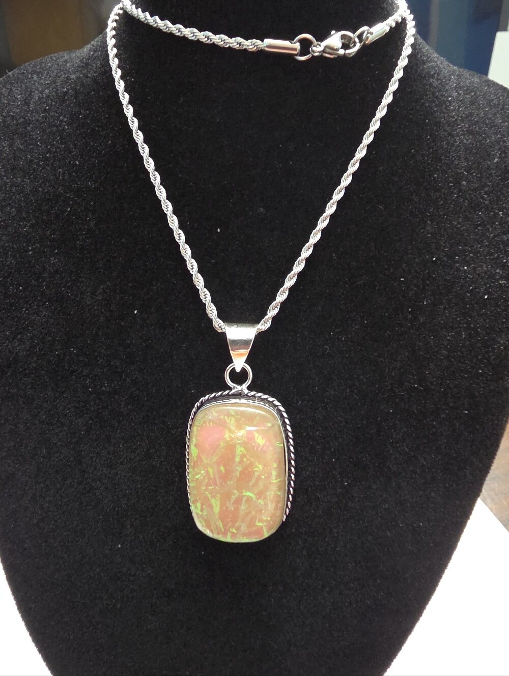 Silver Necklace  Iridescent Pink Opal Pendant Necklace